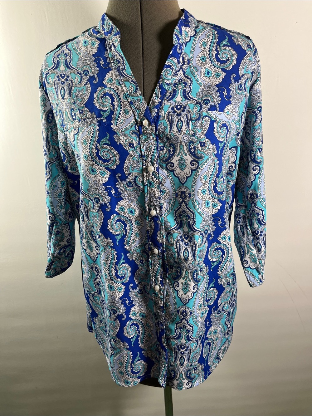 Vibrant Blue & Turquoise Blouse w Mandarin Style Collar No Iron